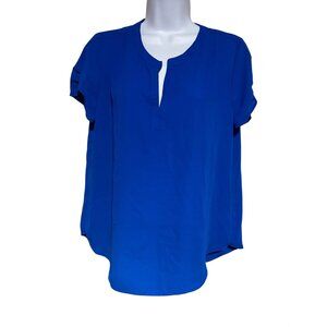 Pleione Womens Royal Blue Split Neck Short Sleeve Blouse Size XS Sheer Chiffon
